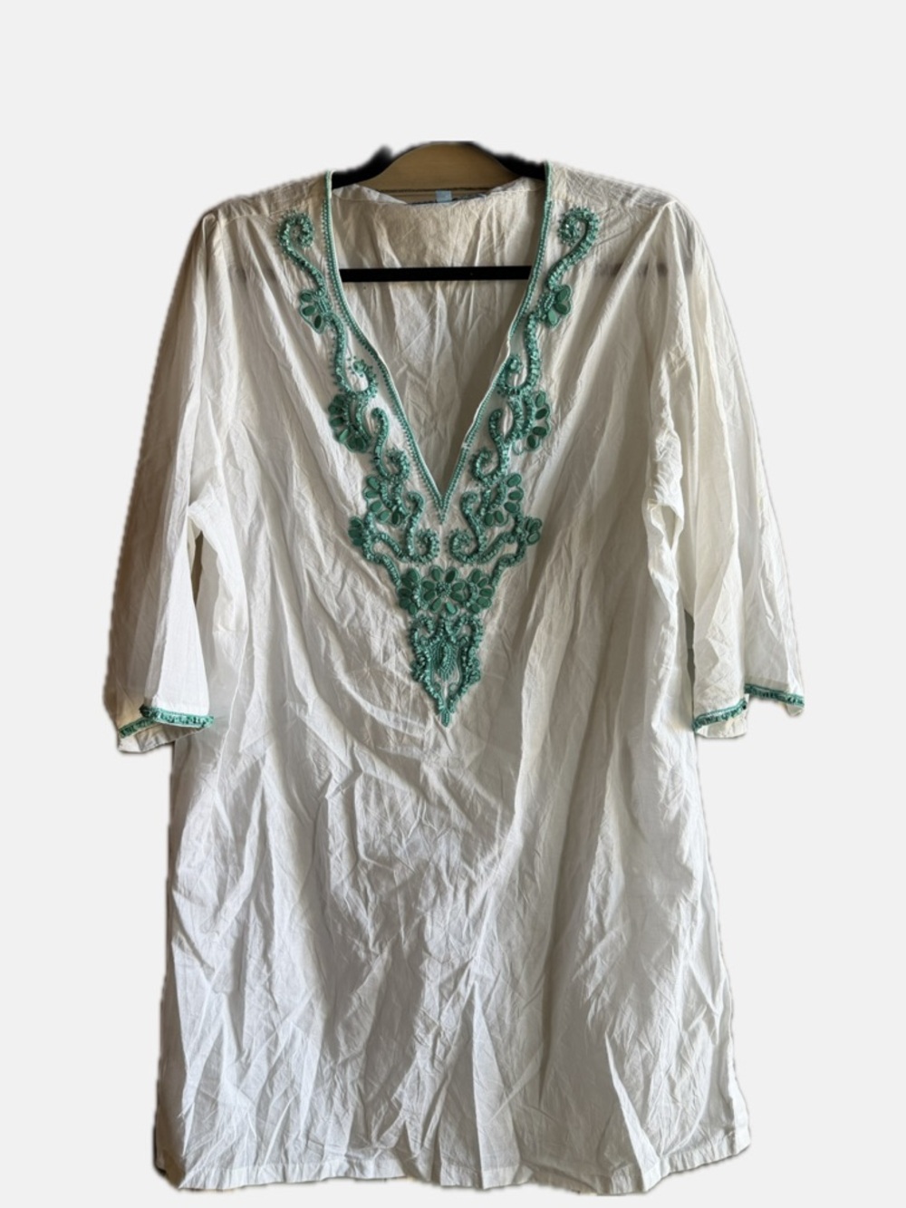 Antonio Melani White V-Neck Tunic with Green Embroidery - Women's Top